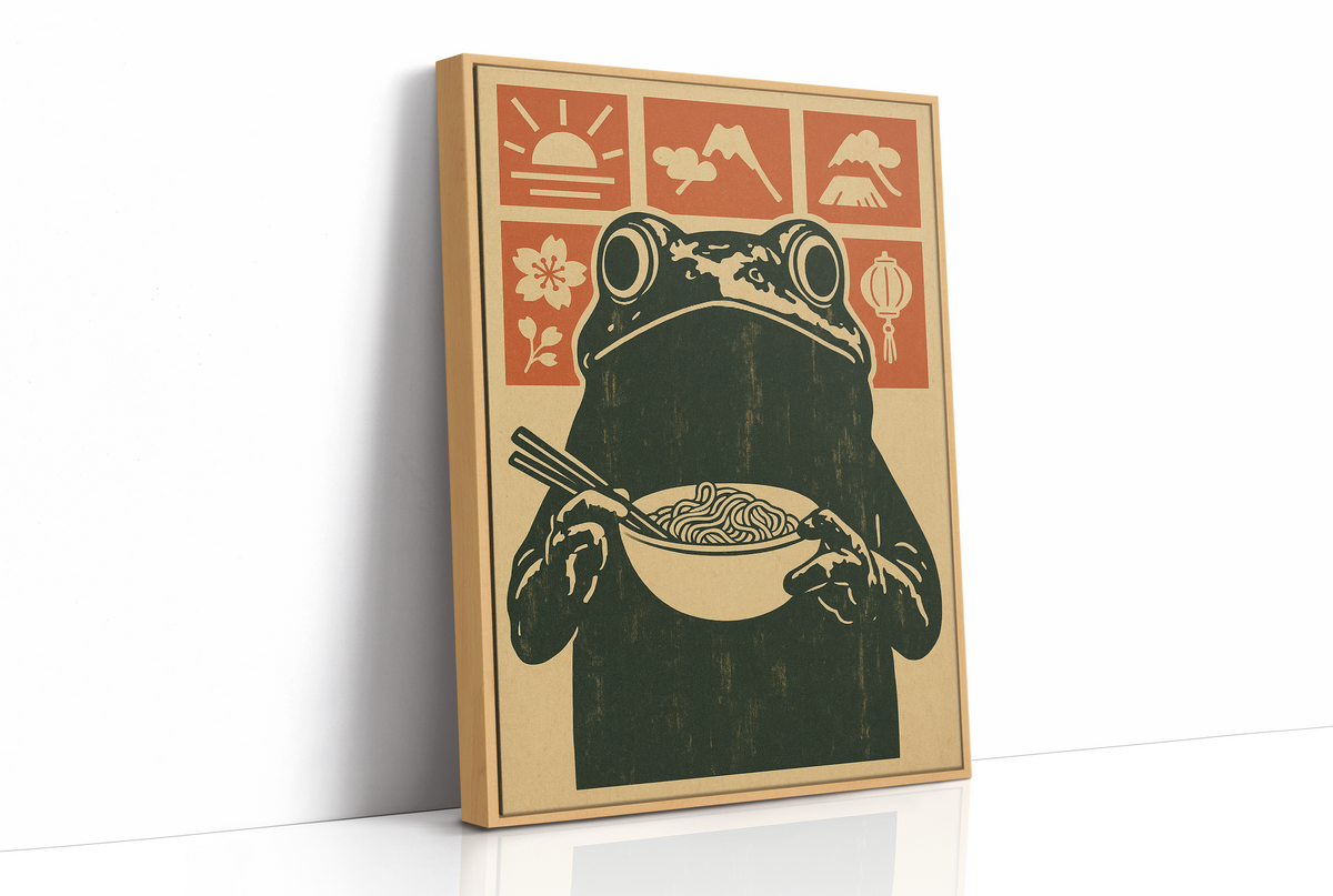 Ramen Frog in Retro Woodblock Style