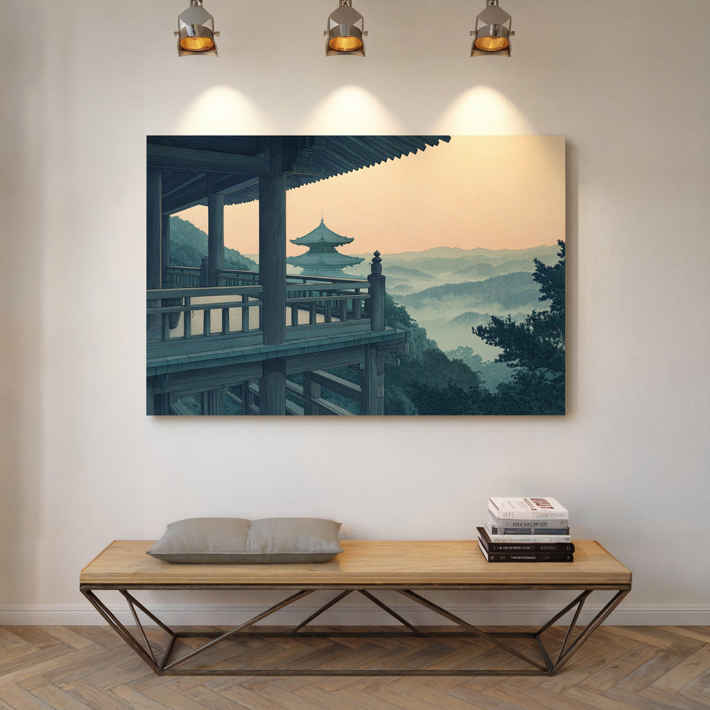Japanese Temple Balcony – Serene Misty Mountain View Wall Art