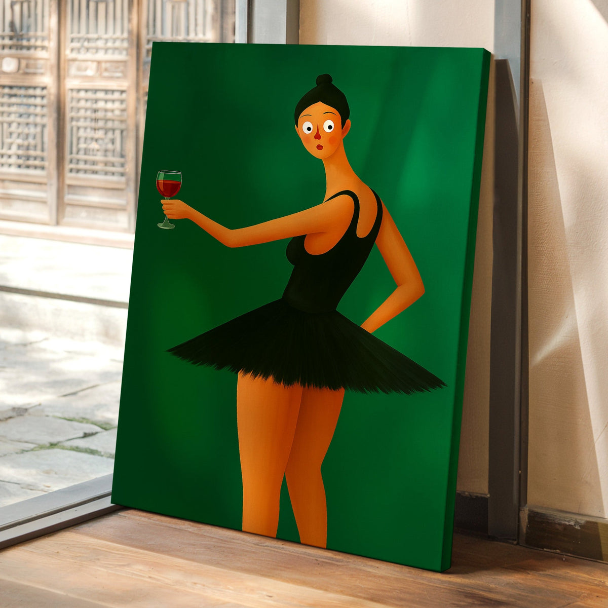 Surprised Ballerina with Wine Glass