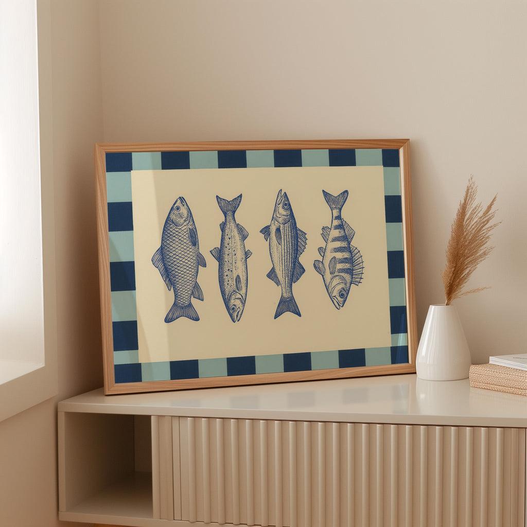 Vintage Fish Quartet on Checkerboard Blue