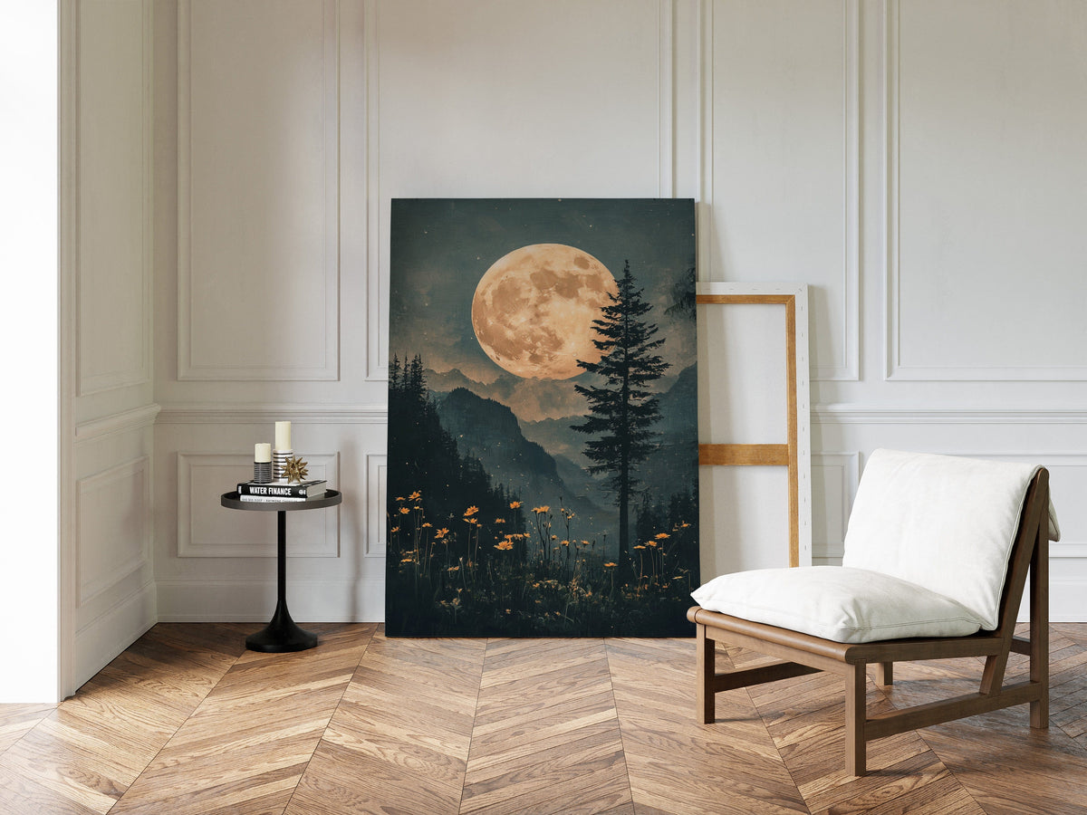 Harvest Moon Forest: Serene Mountain Landscape Canvas Wall Art