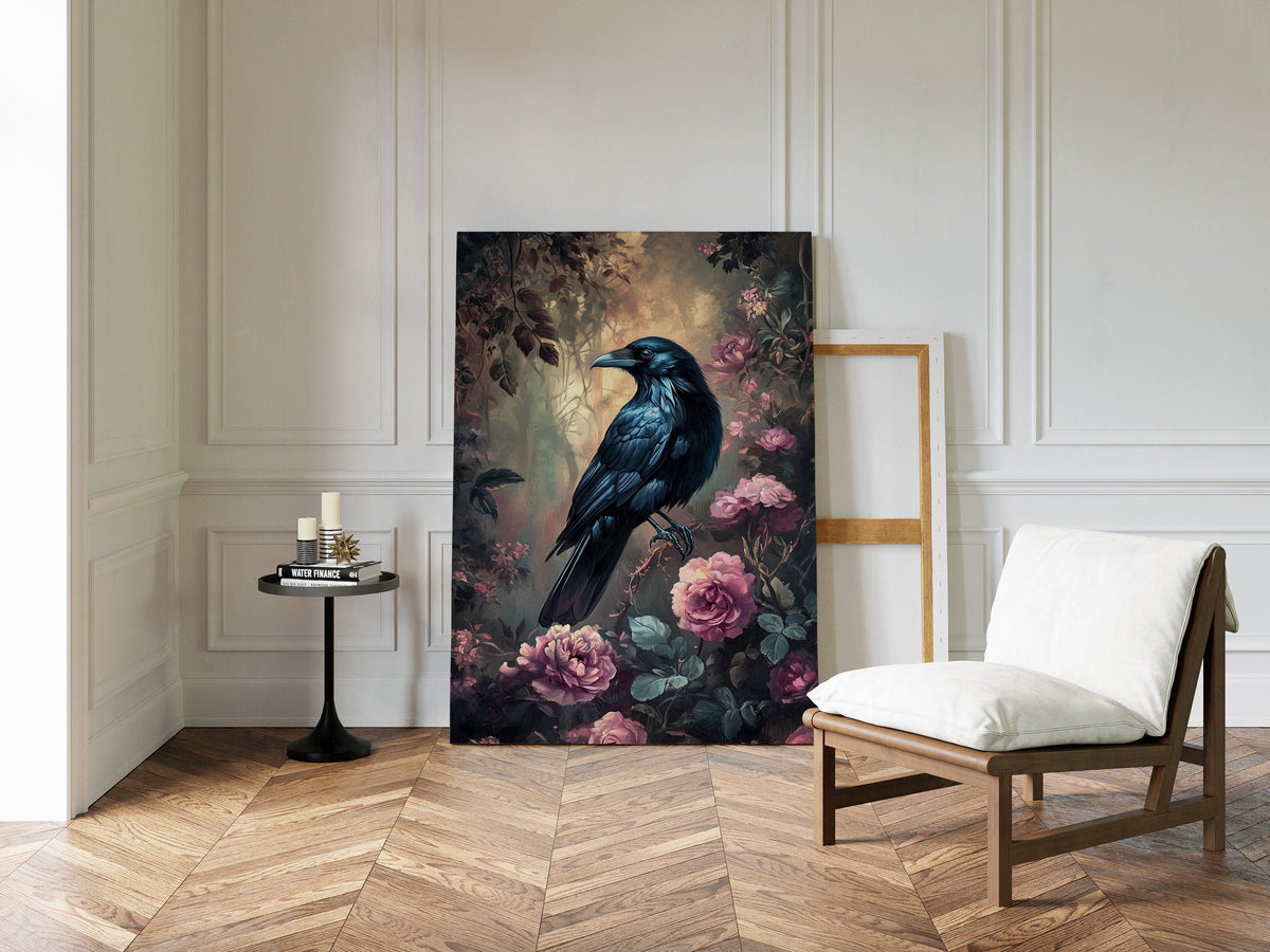 Midnight Raven: Gothic Floral Canvas Wall Art