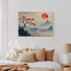 Japanese Landscape Wall Art – Red Sun and Bonsai Mountain Print