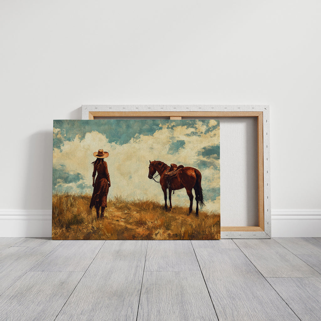 Cowgirl and Horse Under Big Sky