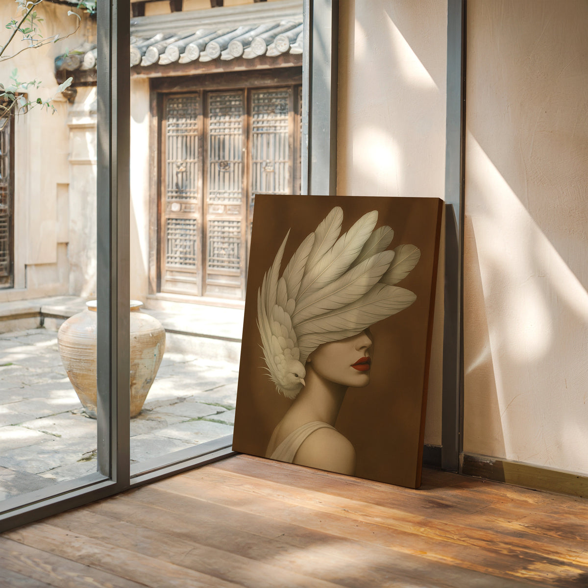 Winged Elegance in Ivory and Crimson
