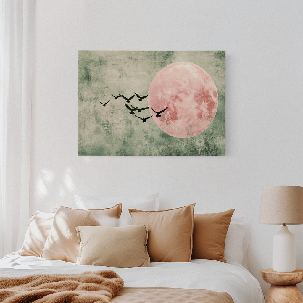 Pink Moon Wall Art – Minimalist Birds in Flight Print