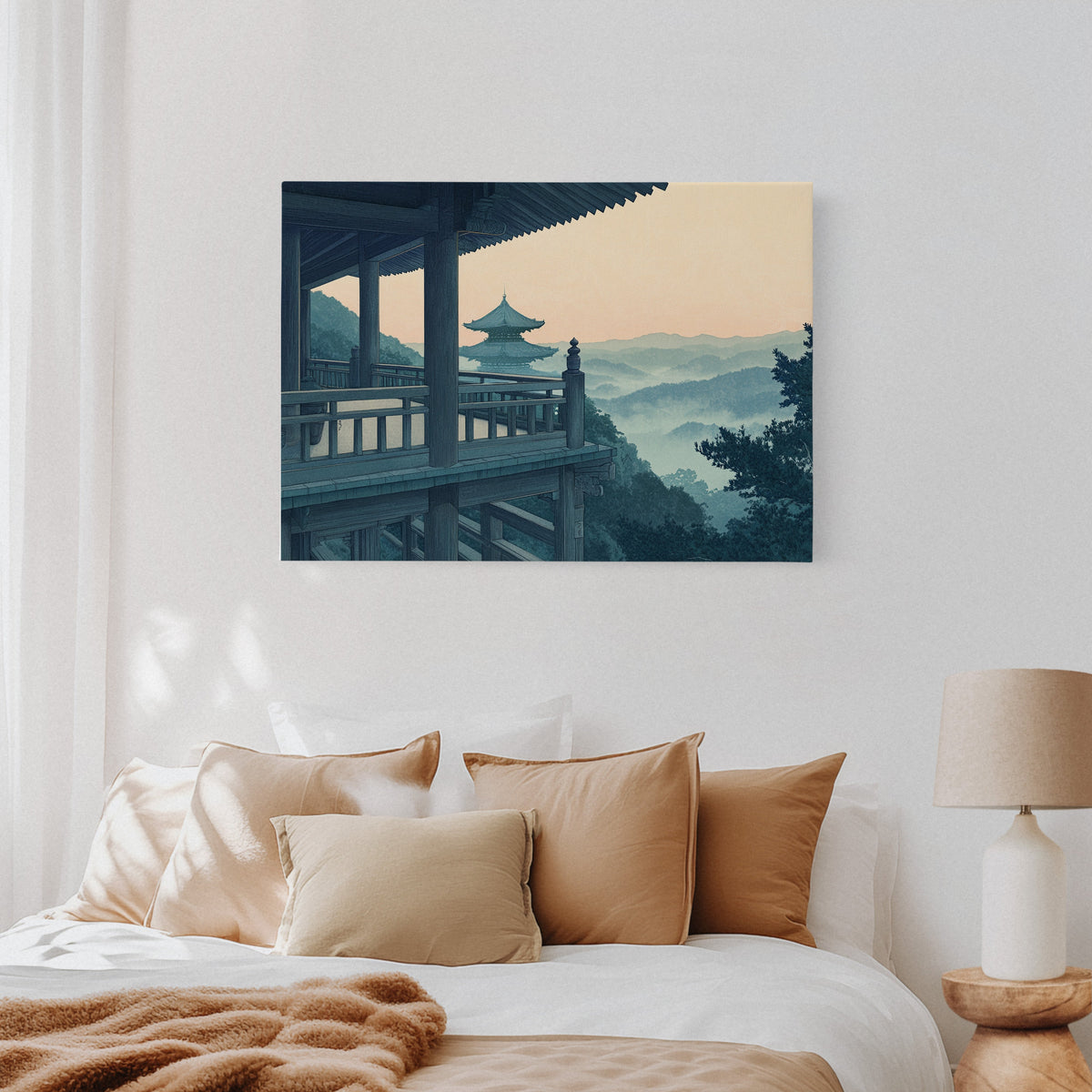 Japanese Temple Balcony – Serene Misty Mountain View Wall Art