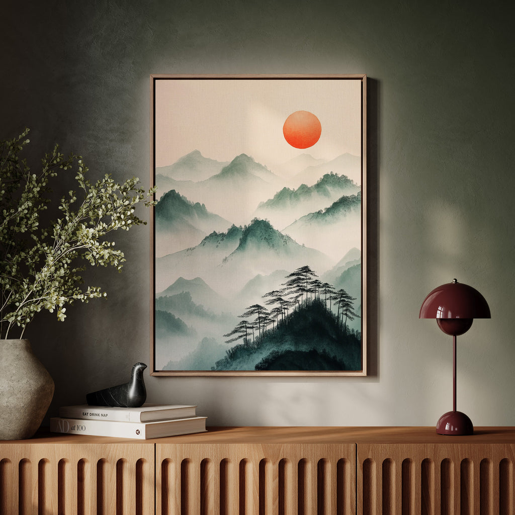 Misty Mountain Sunrise – Tranquil Asian-Inspired Landscape Print