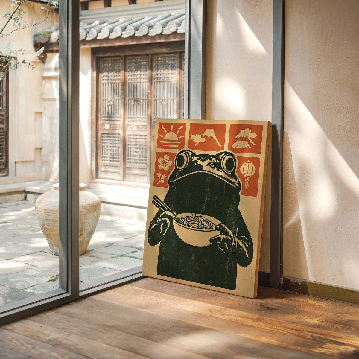 Ramen Frog in Retro Woodblock Style