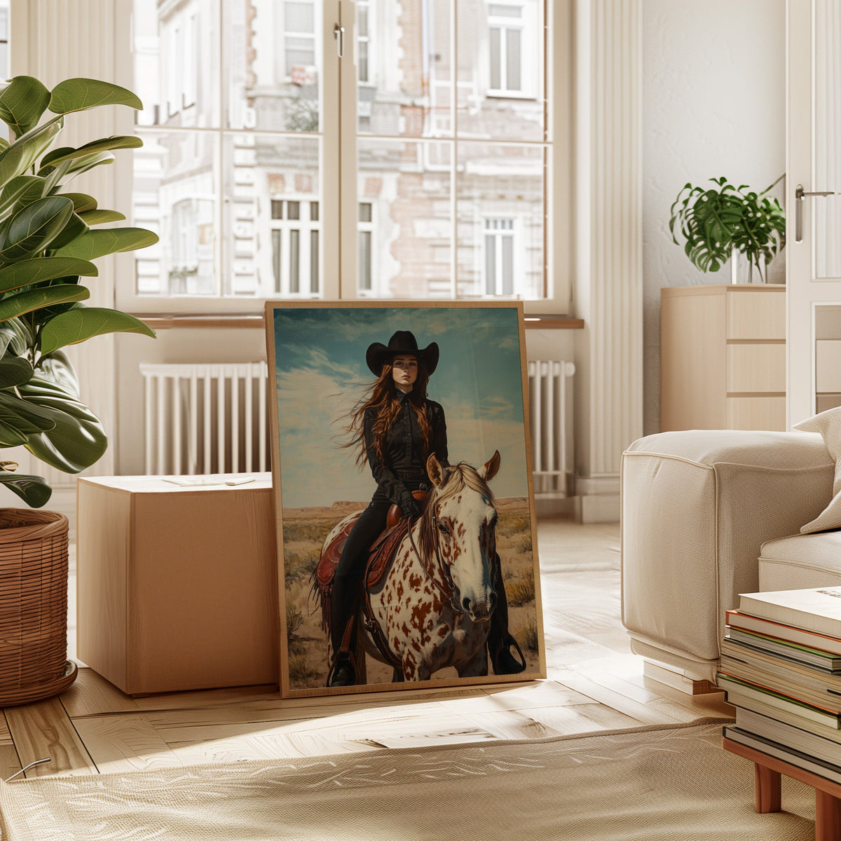 Desert Reins – Cowgirl on Paint Horse Portrait