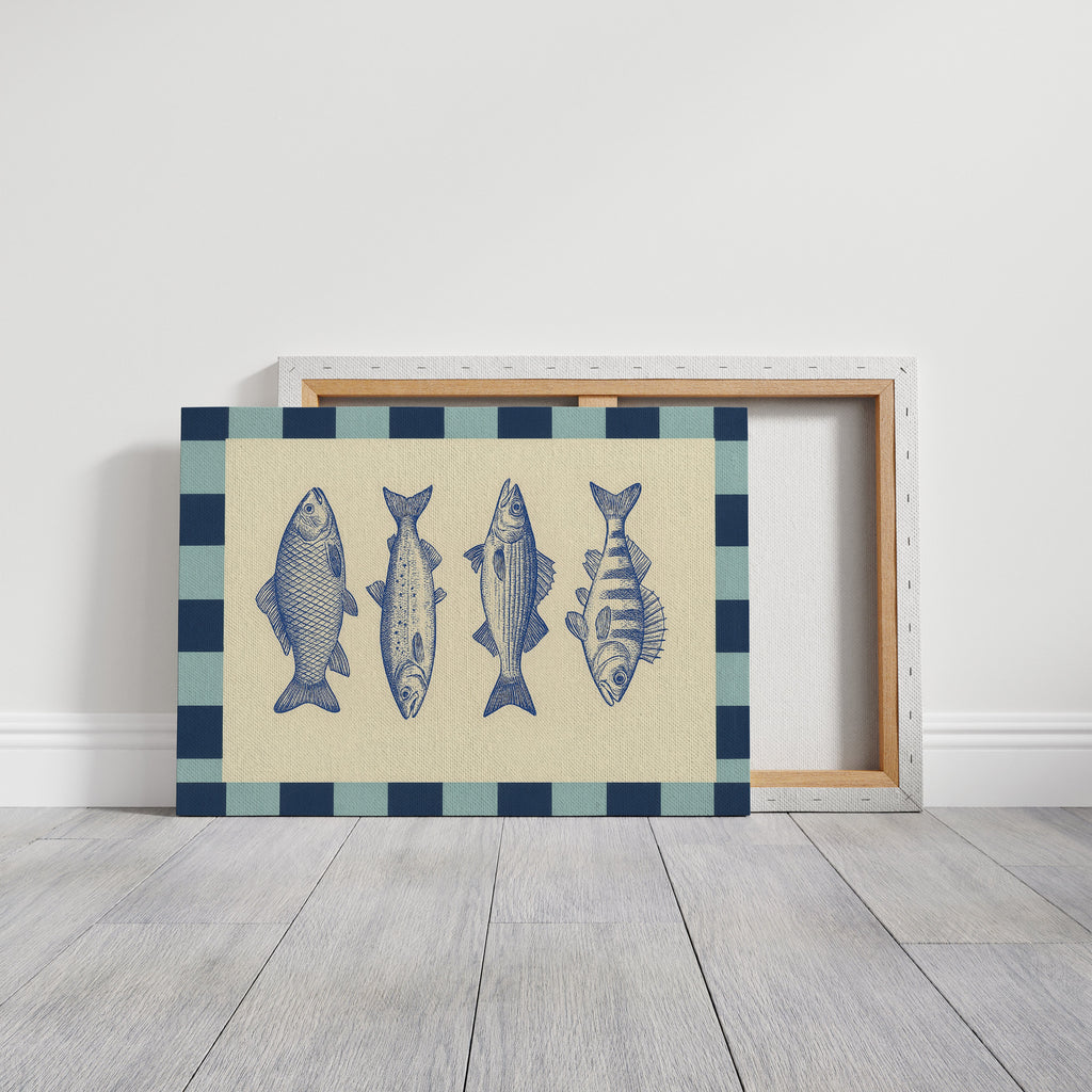 Vintage Fish Quartet on Checkerboard Blue