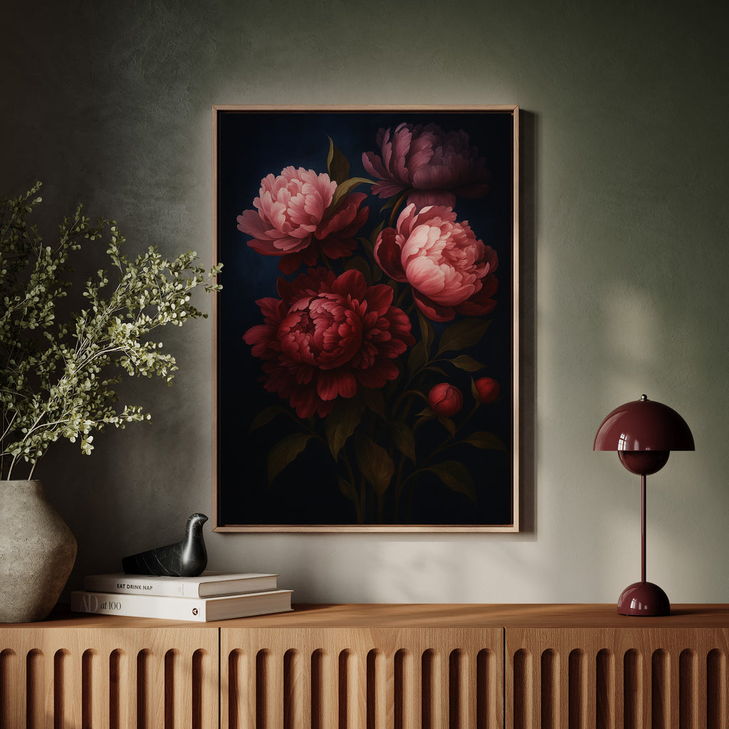 Crimson Peonies in Midnight Bloom