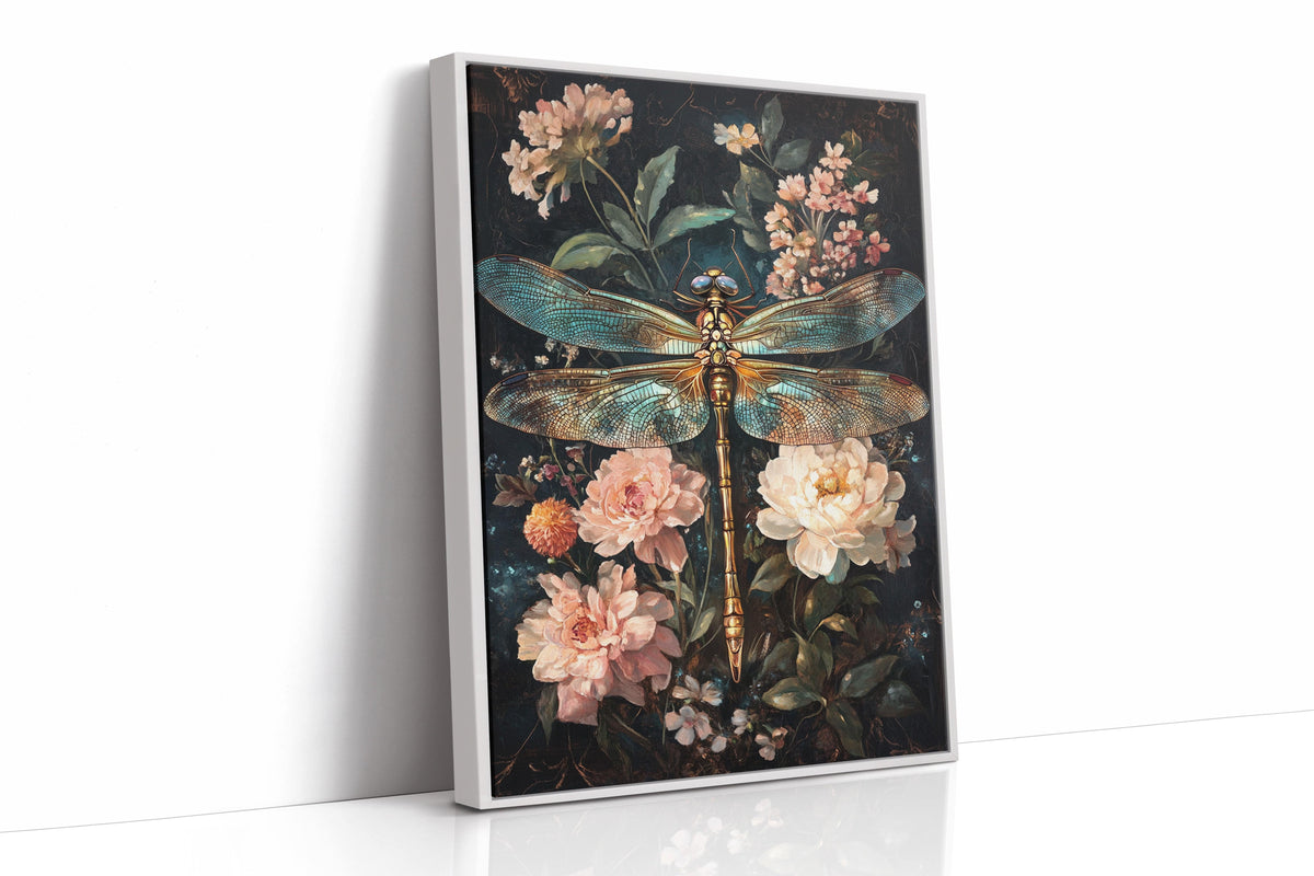 Golden Dragonfly: Dark Floral Baroque Canvas Wall Art