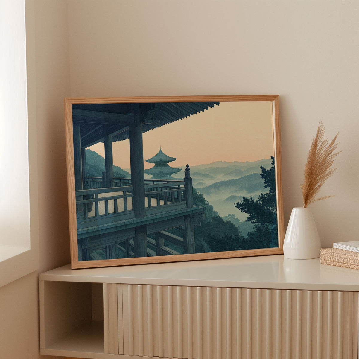 Japanese Temple Balcony – Serene Misty Mountain View Wall Art