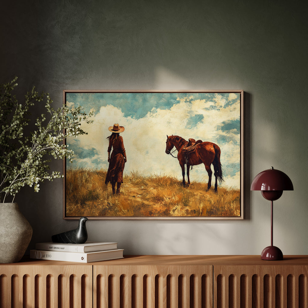 Cowgirl and Horse Under Big Sky
