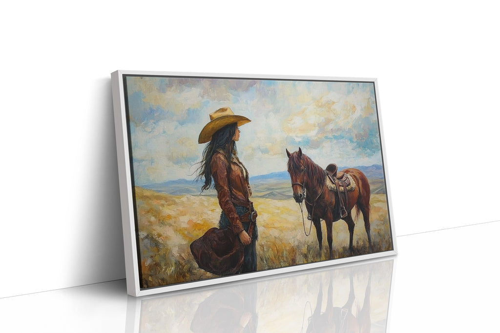 Cowgirl and Her Mustang on the Open Range