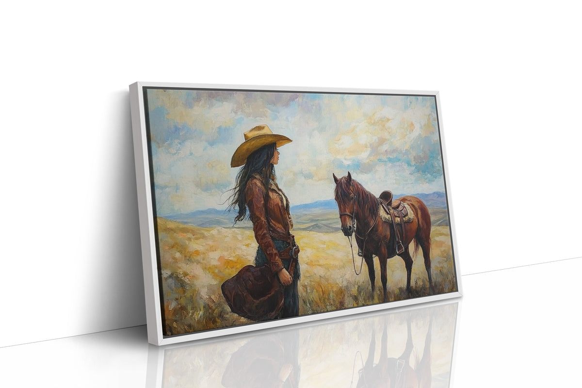 Cowgirl and Her Mustang on the Open Range