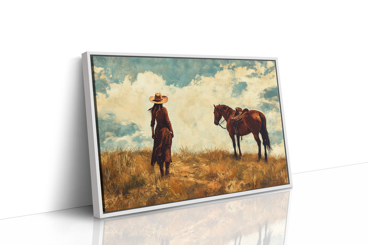 Cowgirl and Horse Under Big Sky