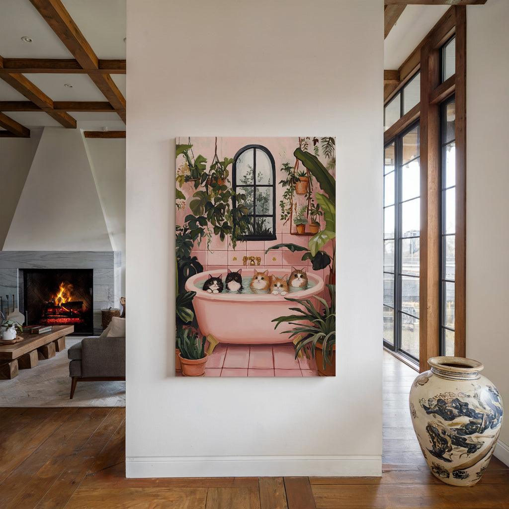 Cat Spa Day – Funny Cat Wall Art, Pink Bathtub Aesthetic, Cozy Home Decor