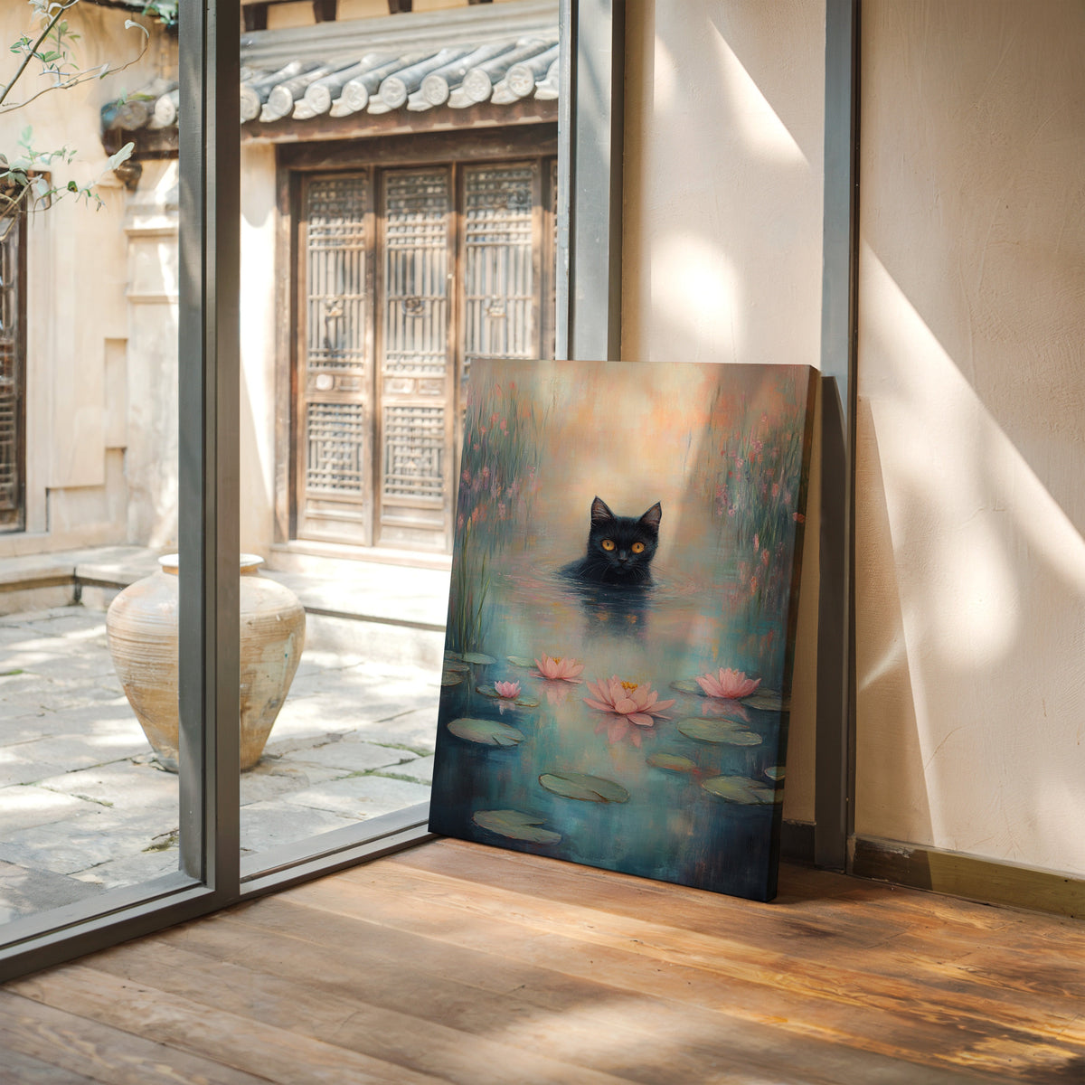 Mystical Black Cat in Water – Dreamy Water Lily Painting