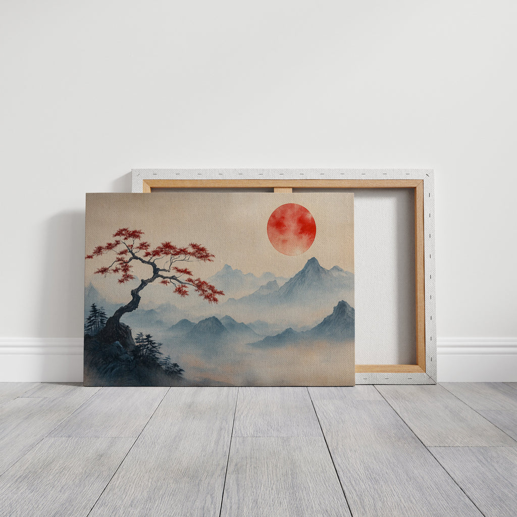 Japanese Landscape Wall Art – Red Sun and Bonsai Mountain Print