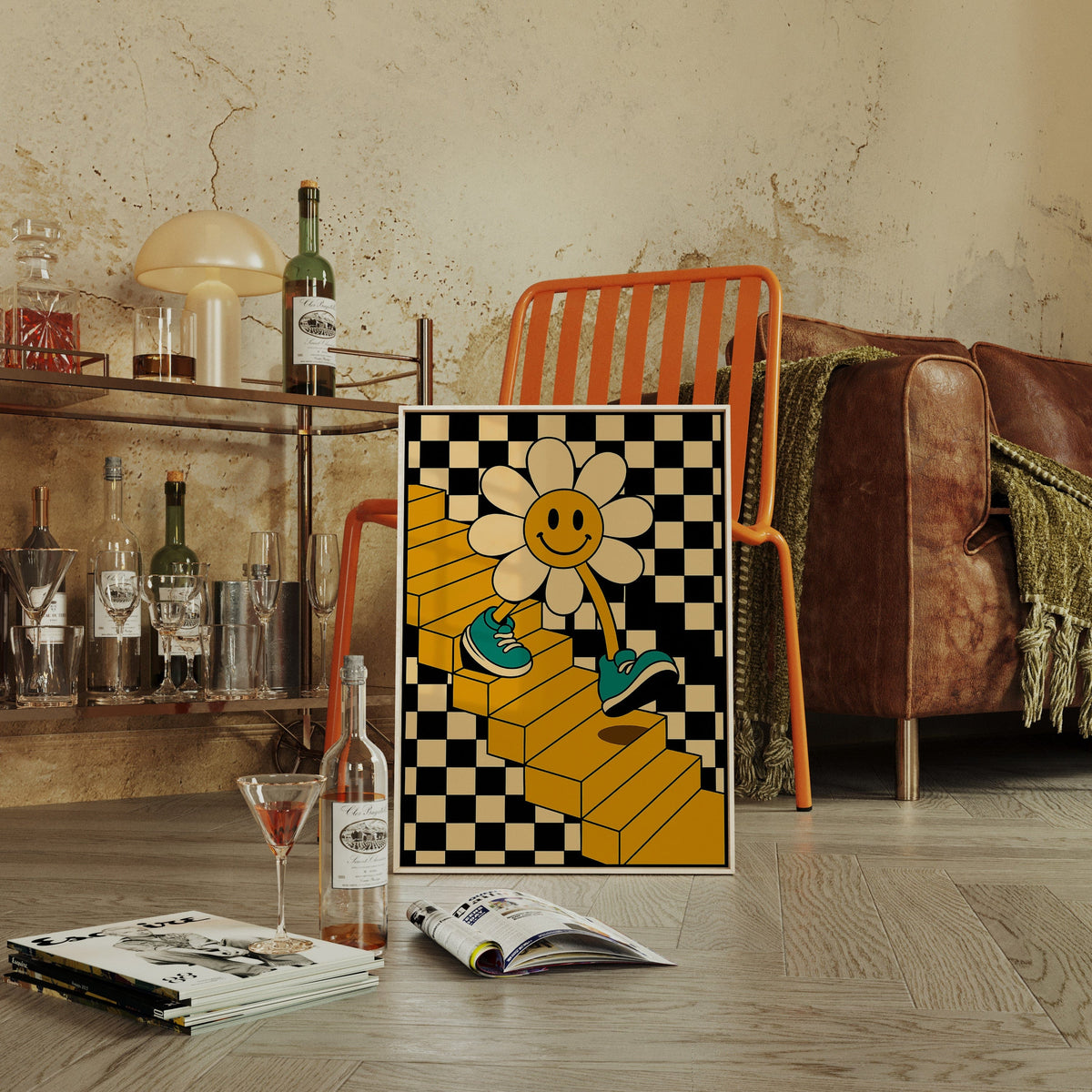 Groovy Daisy Vibes – Retro Checkerboard Flower Print
