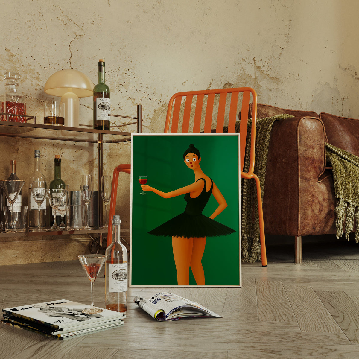 Surprised Ballerina with Wine Glass