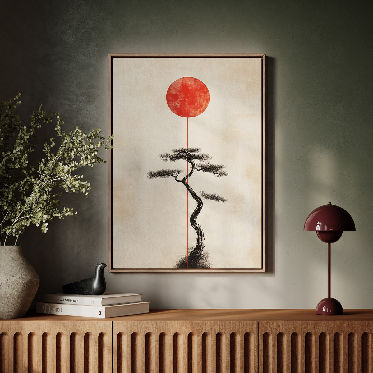 Minimalist Bonsai & Rising Sun – Japanese Zen-Inspired Wall Art