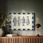Vintage Fish Quartet on Checkerboard Blue