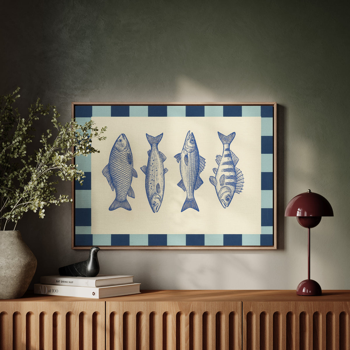 Vintage Fish Quartet on Checkerboard Blue