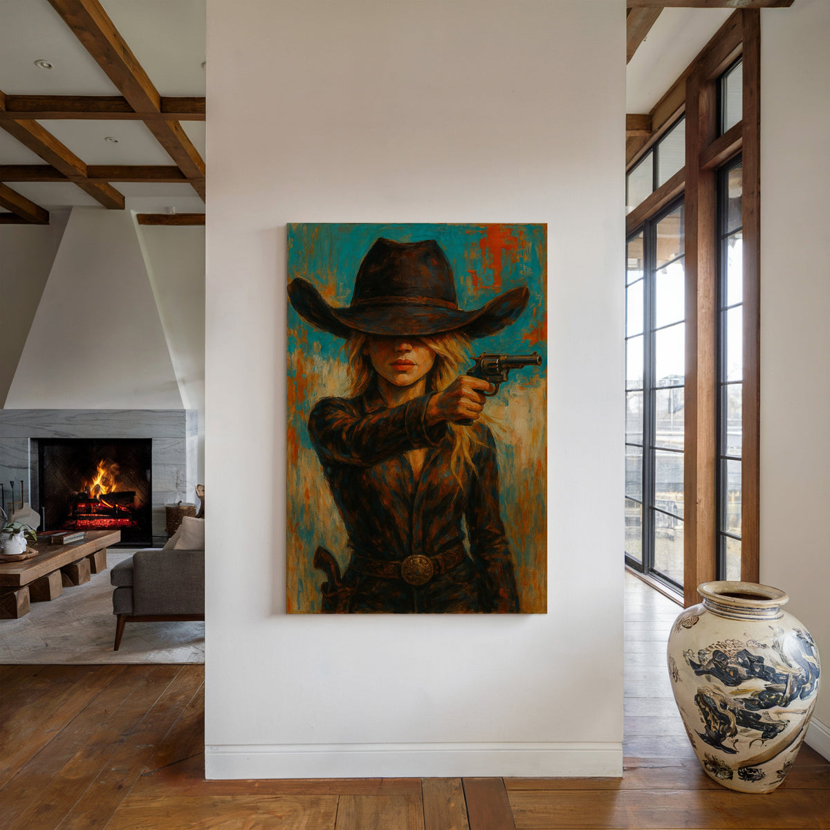 Western Grit: Cowgirl With Revolver Canvas Art