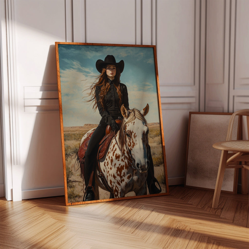 Desert Reins – Cowgirl on Paint Horse Portrait
