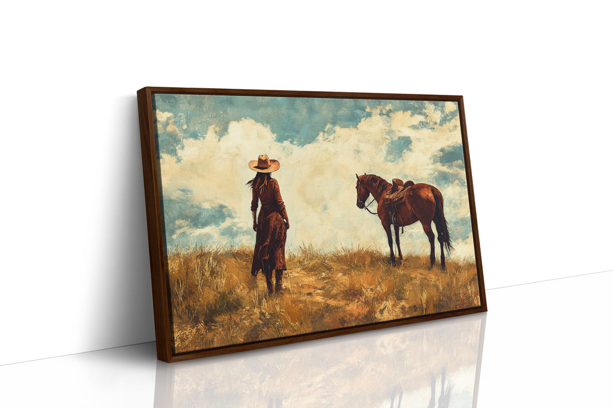 Cowgirl and Horse Under Big Sky