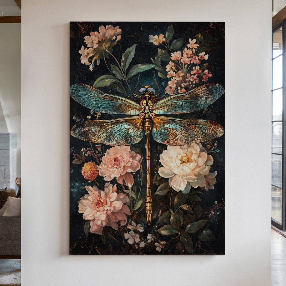 Golden Dragonfly: Dark Floral Baroque Canvas Wall Art