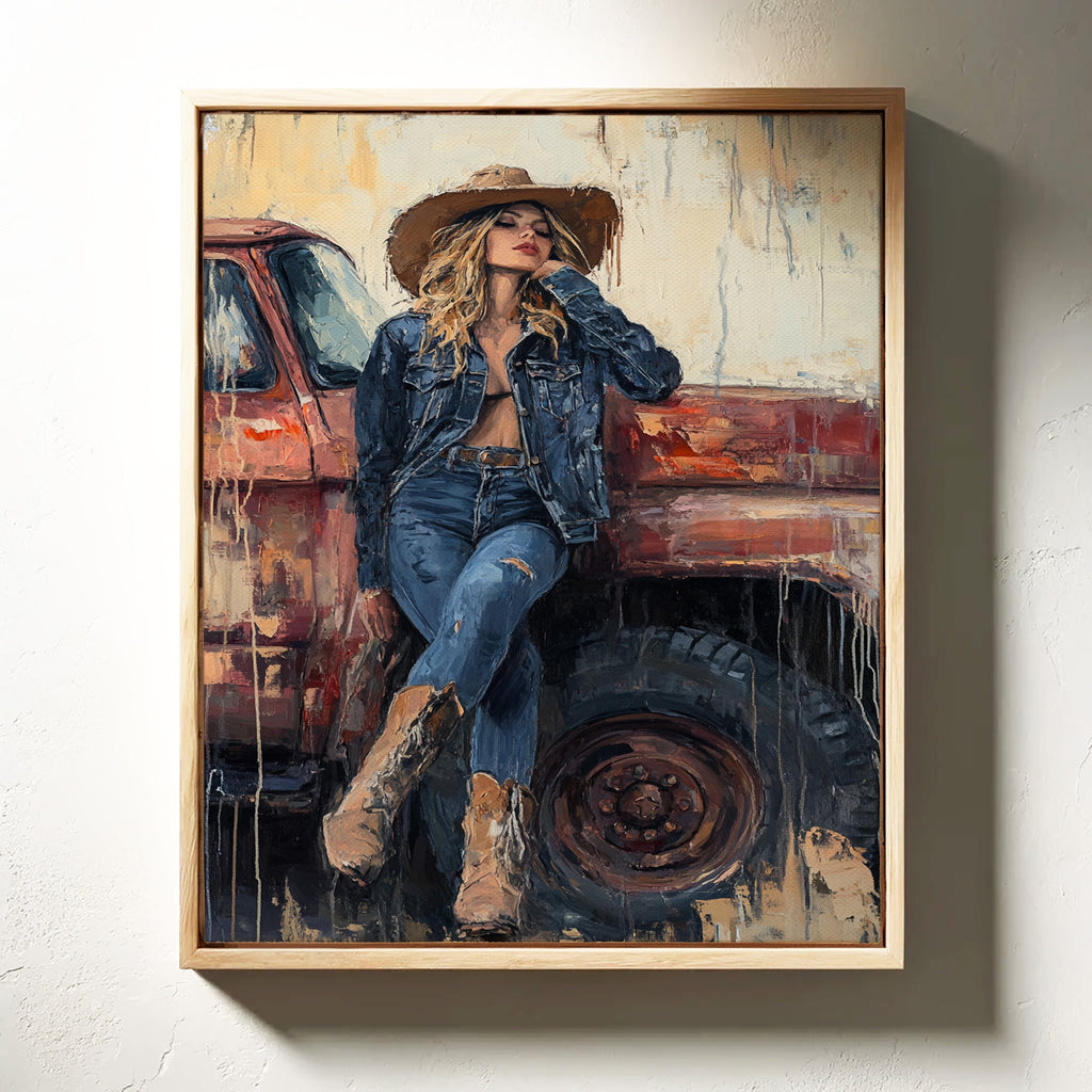 Denim Cowgirl by the Rusted Truck