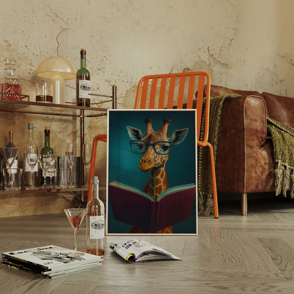 Giraffe with Glasses Reading a Book