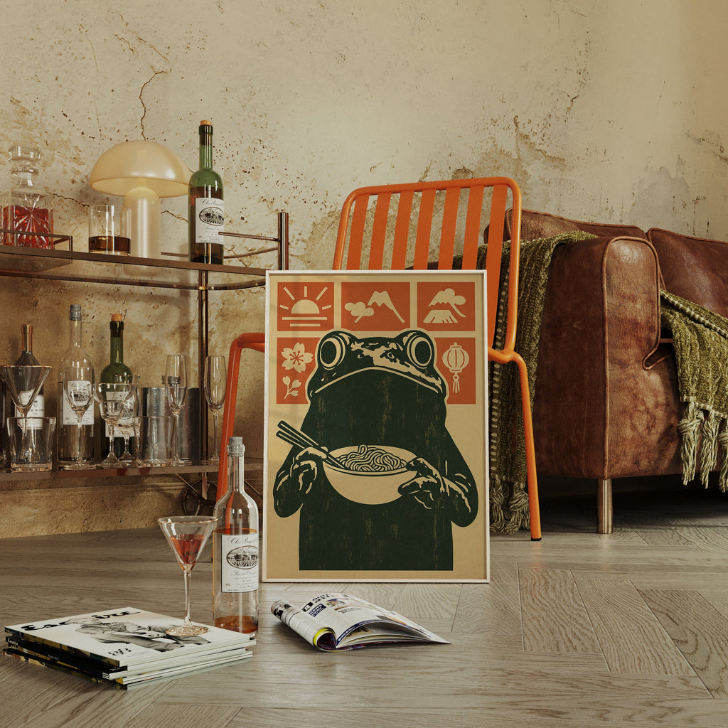 Ramen Frog in Retro Woodblock Style