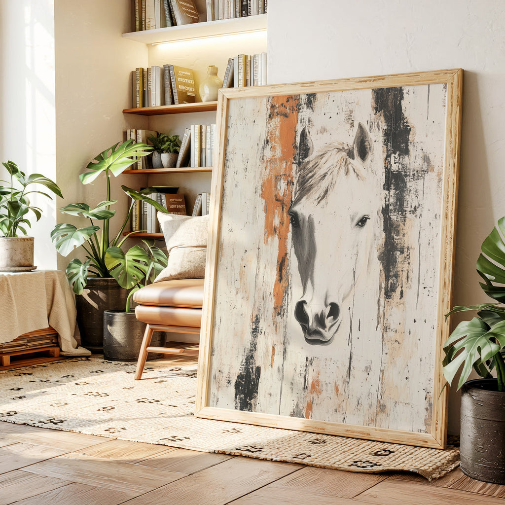 White Horse Against Rustic Planks