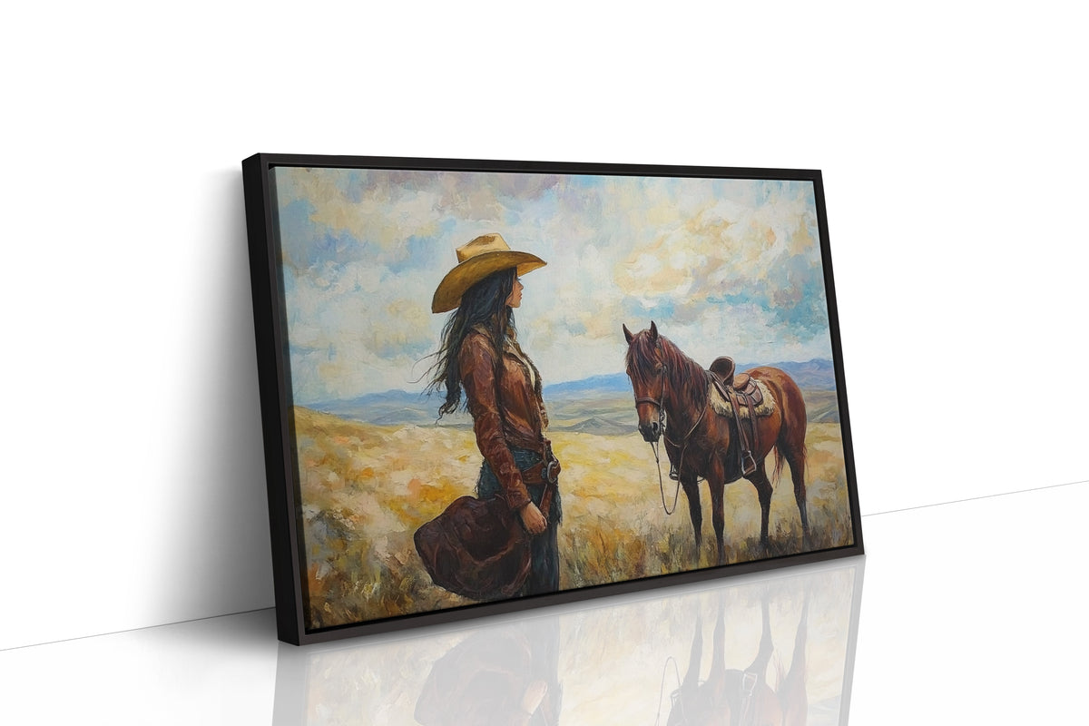 Cowgirl and Her Mustang on the Open Range