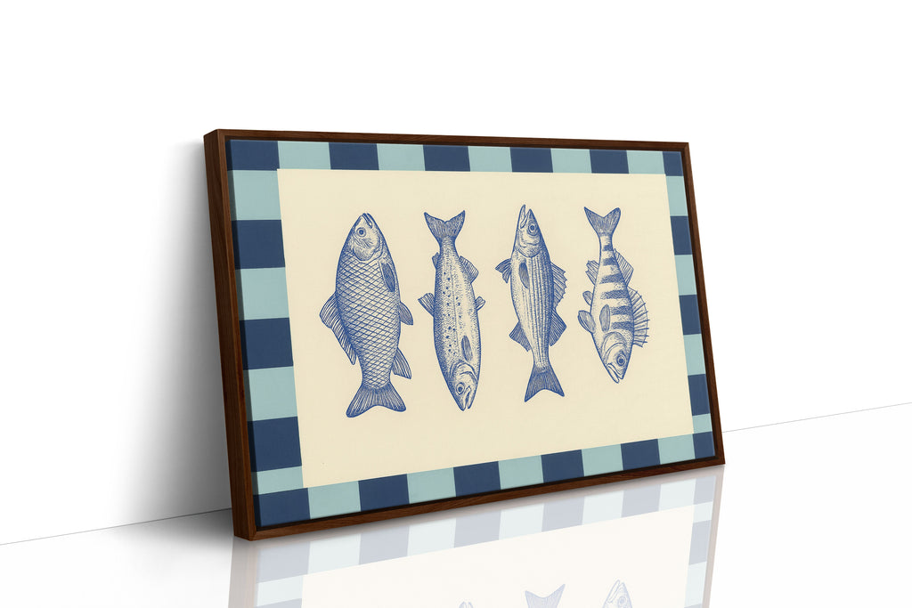 Vintage Fish Quartet on Checkerboard Blue