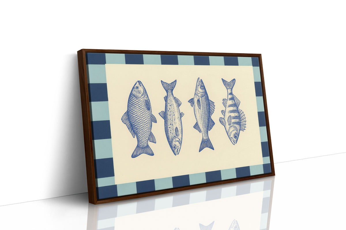 Vintage Fish Quartet on Checkerboard Blue