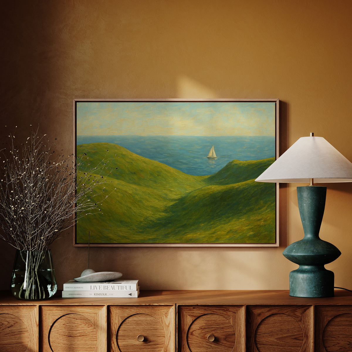 Sailboat Beyond the Green Hills