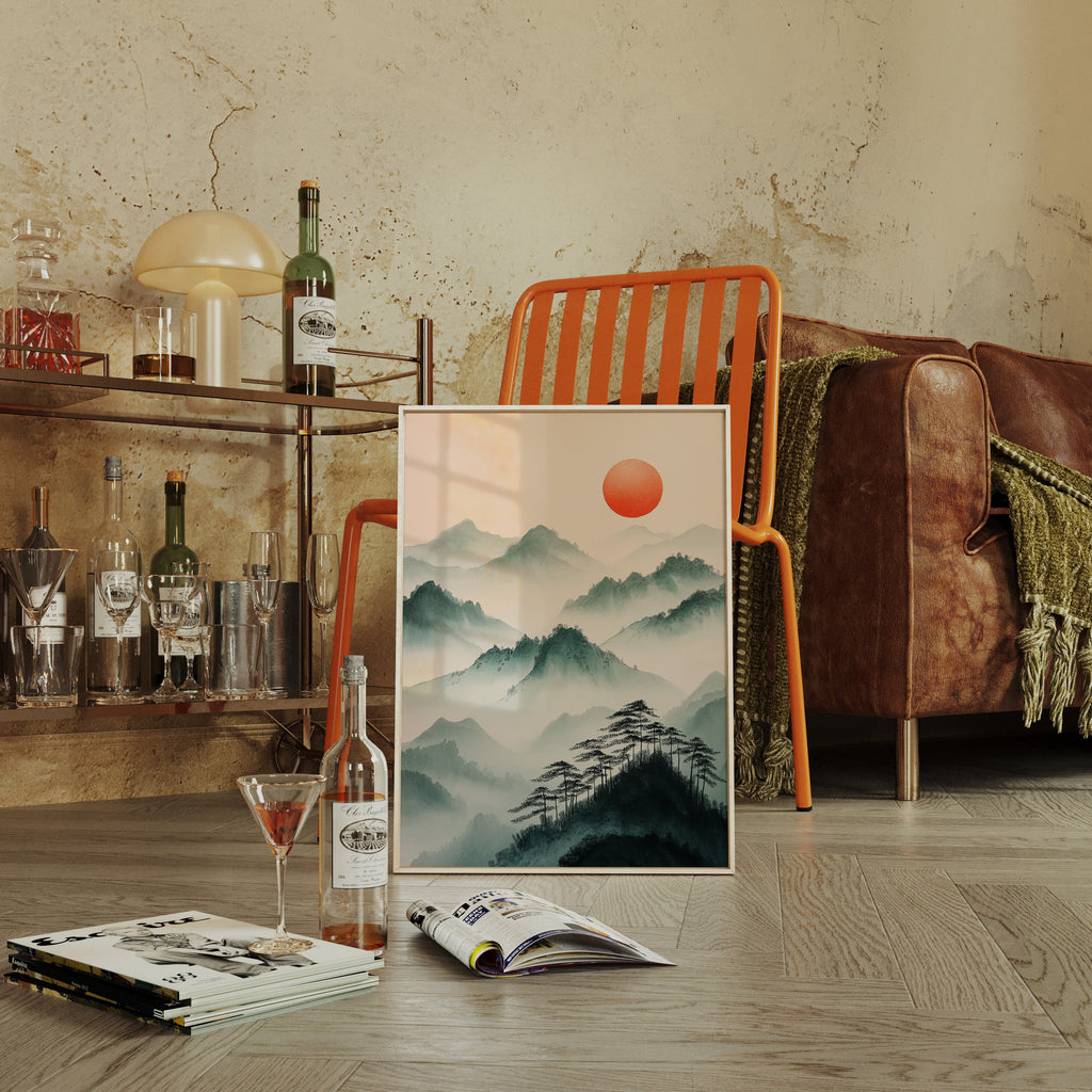 Misty Mountain Sunrise – Tranquil Asian-Inspired Landscape Print