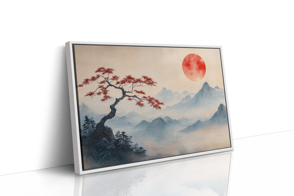Japanese Landscape Wall Art – Red Sun and Bonsai Mountain Print