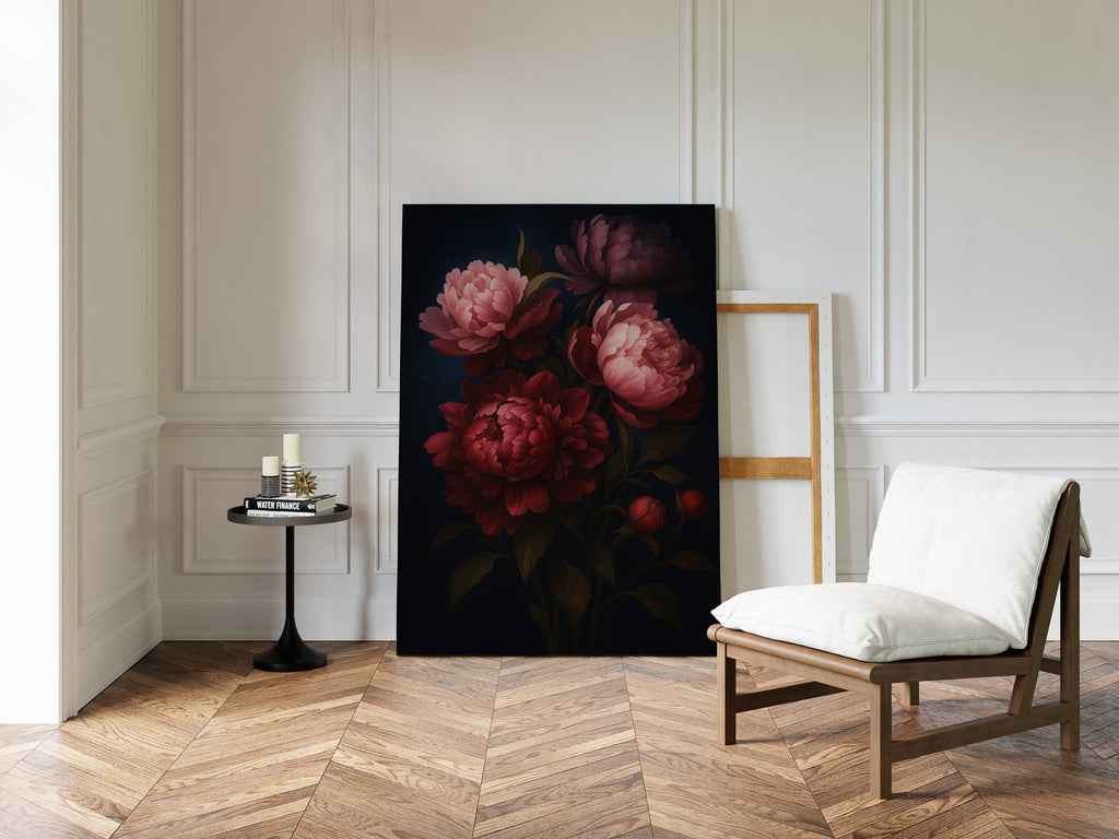 Crimson Peonies in Midnight Bloom