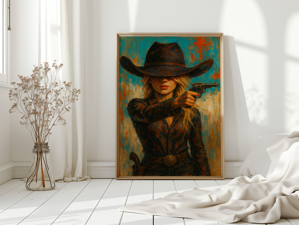 Western Grit: Cowgirl With Revolver Canvas Art