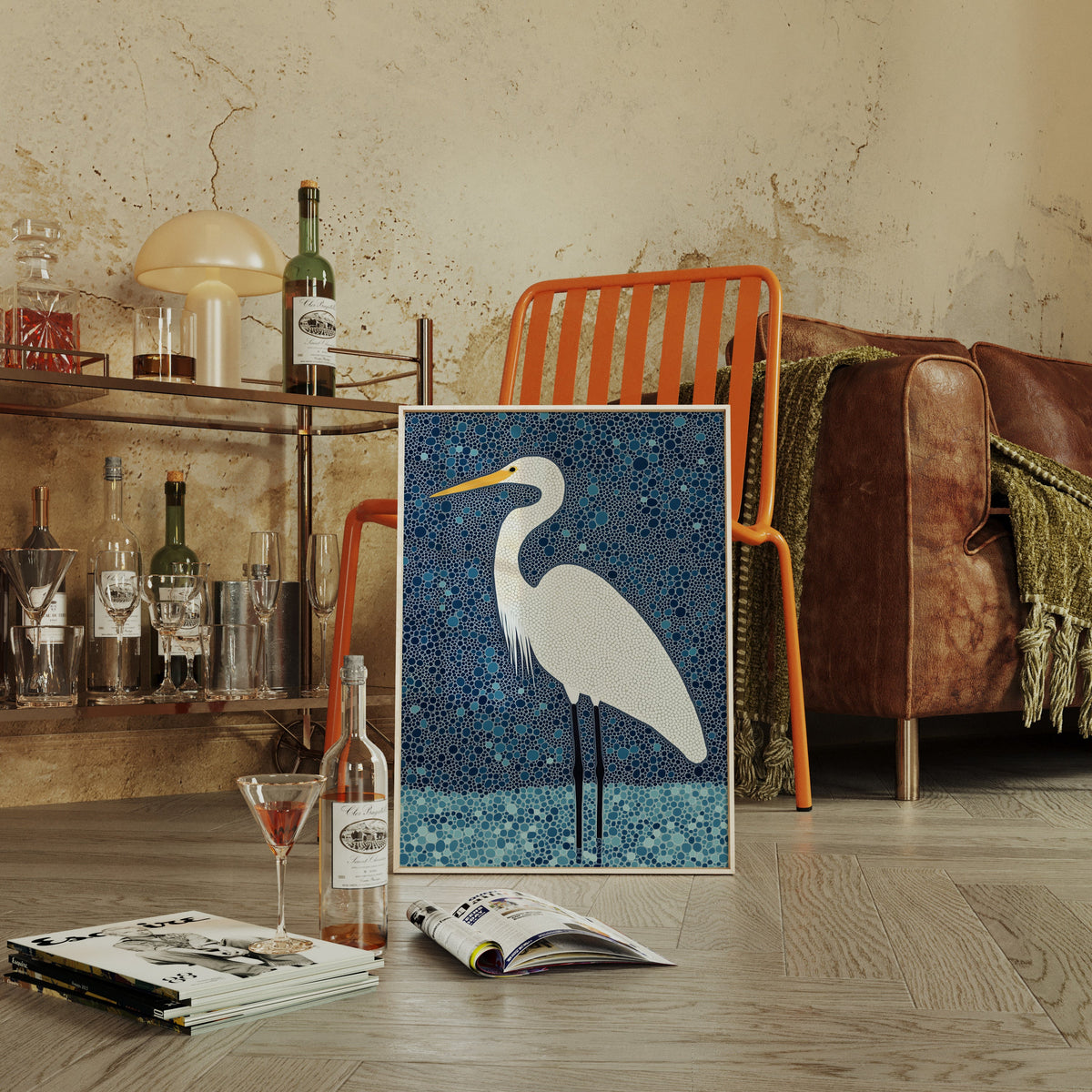 Elegant White Egret – Mosaic-Inspired Bird Wall Art