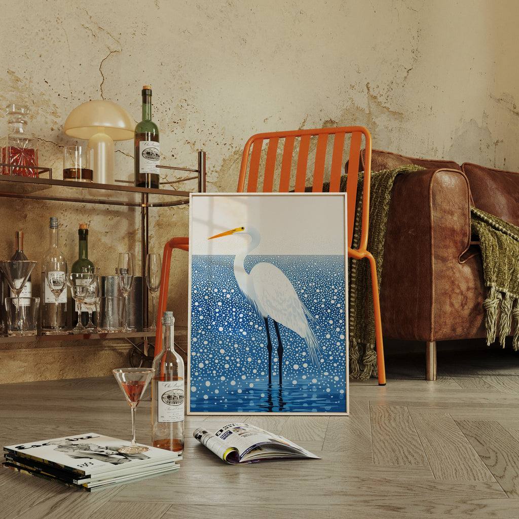 White Egret in Snowfall – Elegant Minimalist Bird Wall Art