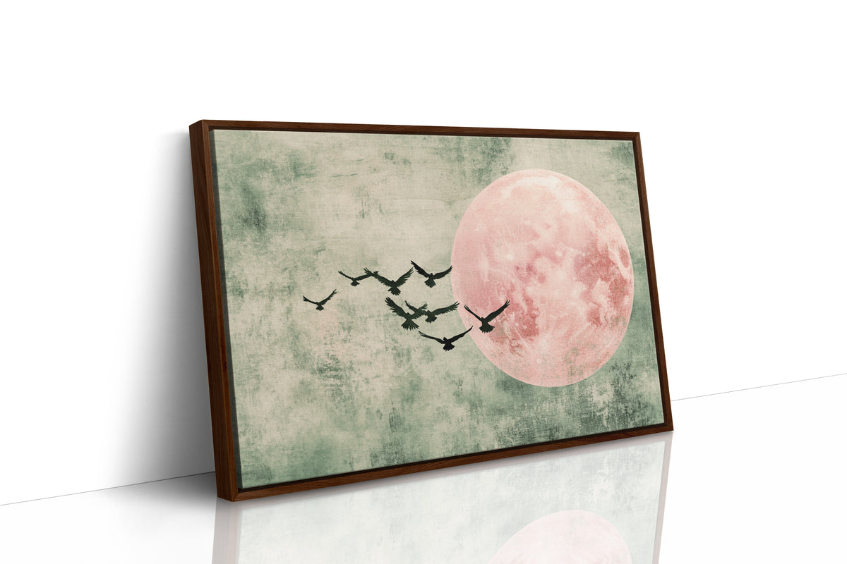 Pink Moon Wall Art – Minimalist Birds in Flight Print