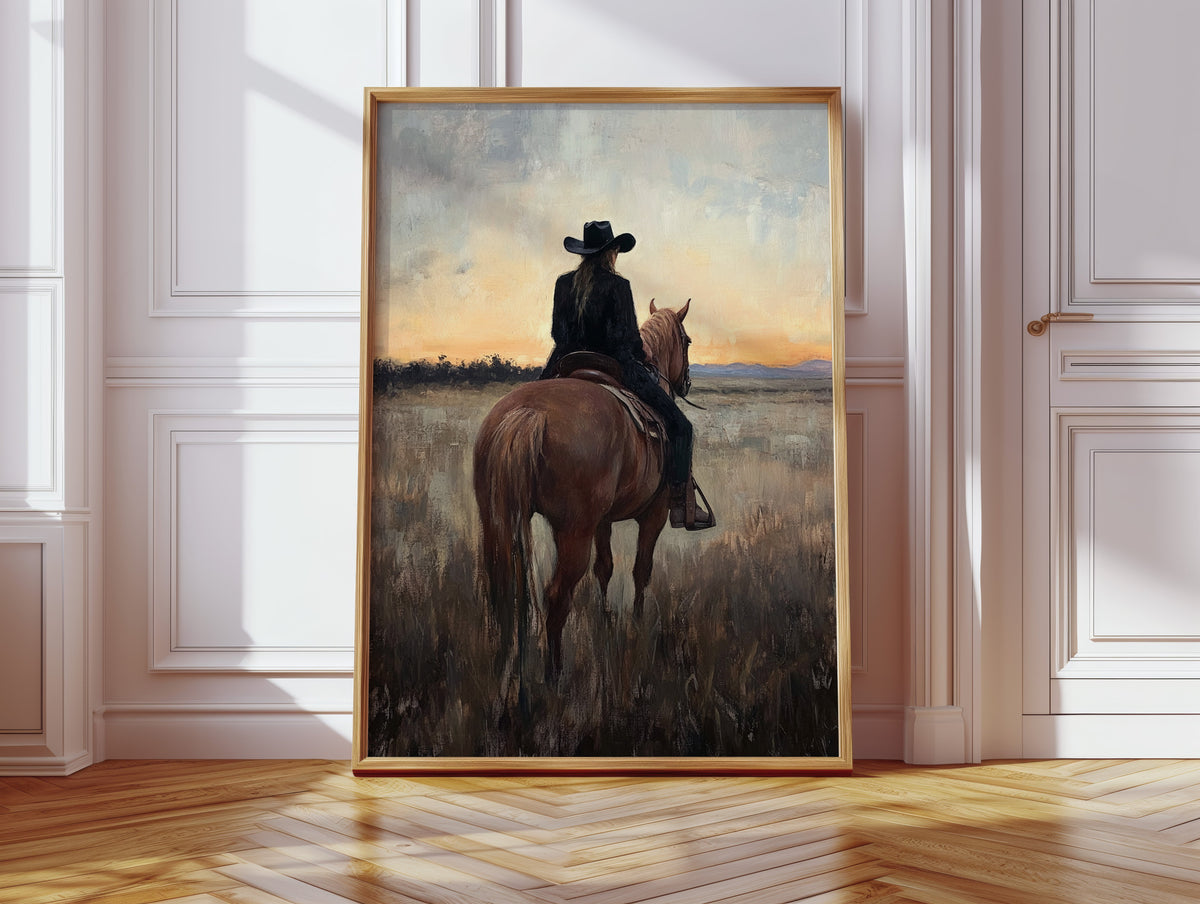 Back to the Prairie – Cowgirl on Horse at Dusk
